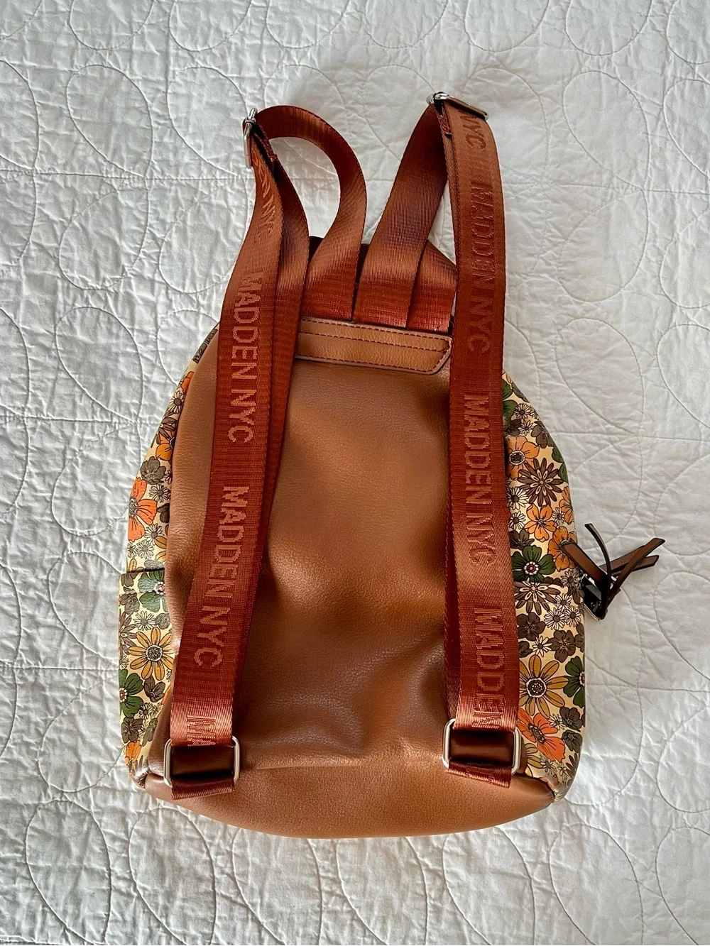 Madden NYC Mini Backpack in Orange/Green/Brown Retro Flower Power 70s Style